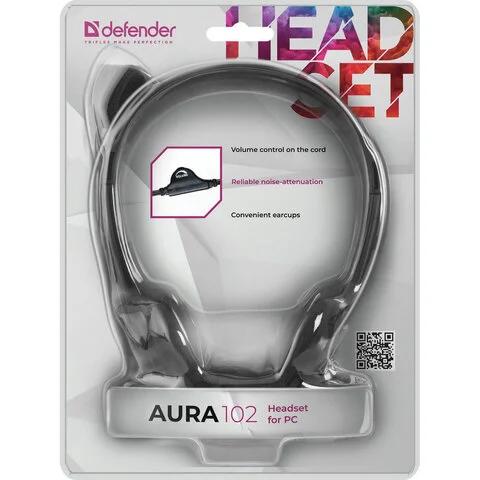 Ականջակալներ խոսափողով DEFENDER AURA-102, լարային, 1,55 մ, գլխակապով, սև. - DEFENDER (SKU: 510473) | Zangezur Pro